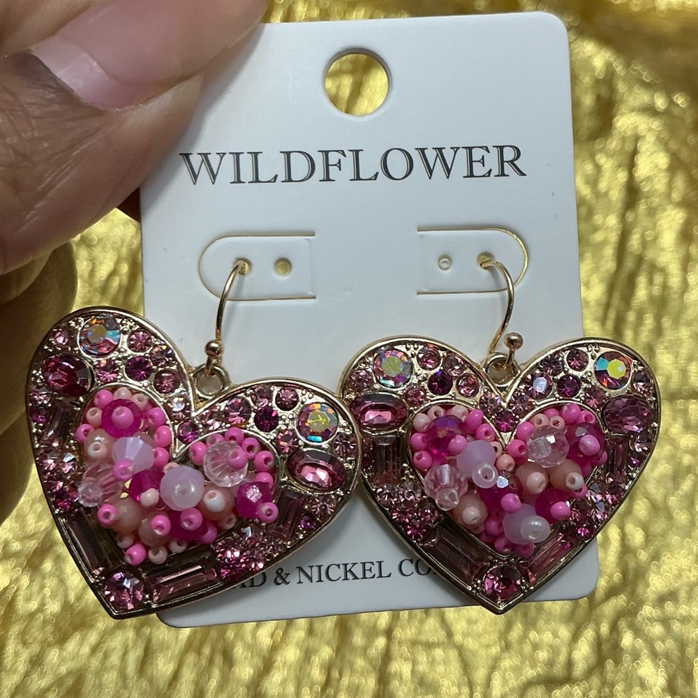 Wildflower Pink Beaded Heart Earrings | Valentines Statement Earrings